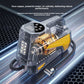 Cutaway view of the tire inflator showing the copper motor and gears beside the LED light and display