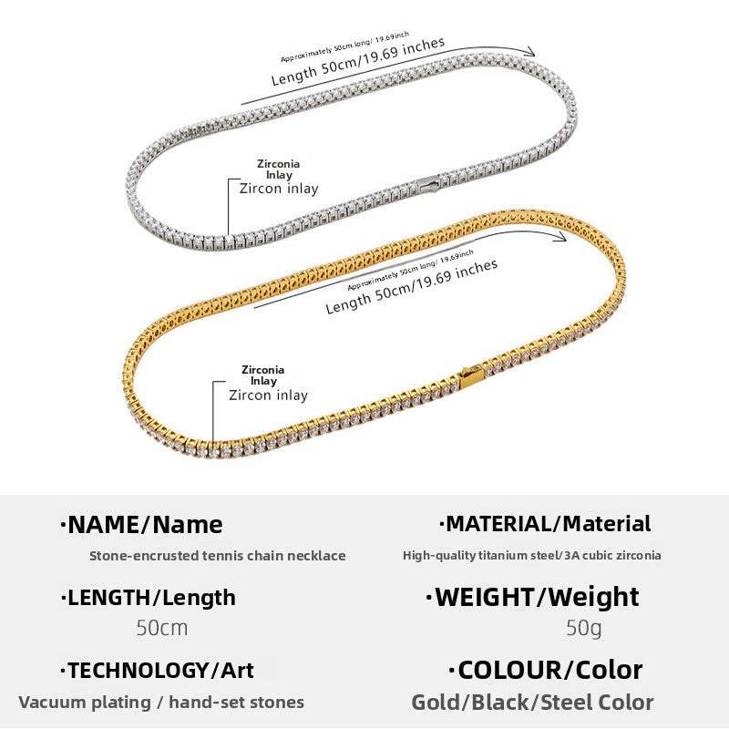 Maker diagram of a steel and a gold plated tennis chain necklace, 50 cm long, with stone inlay and material details