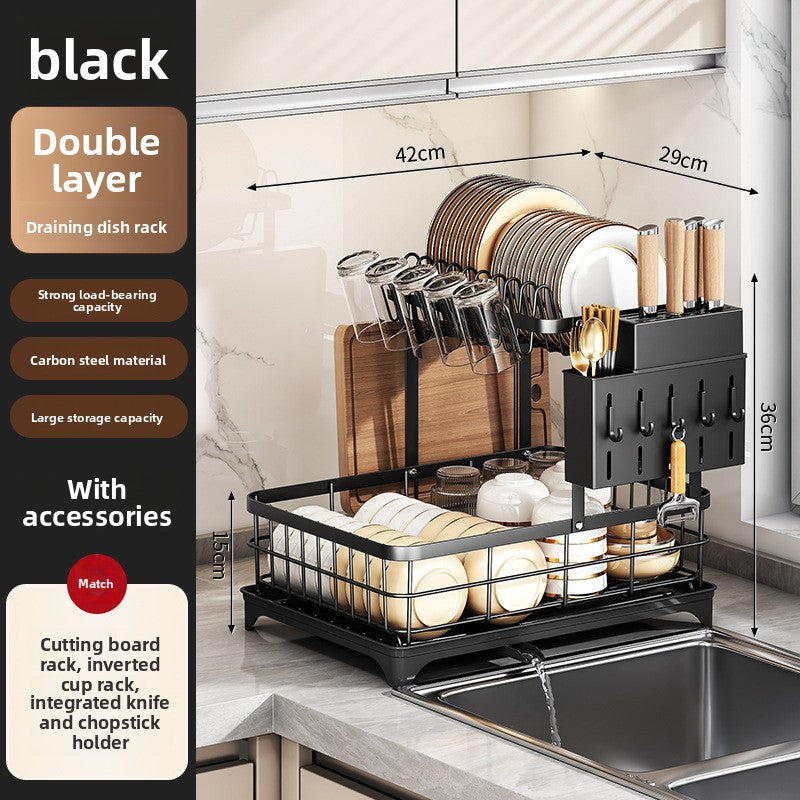 Black double layer dish rack, 42 by 29 by 36 cm, with cup rack and knife holder, option Double Layer Black