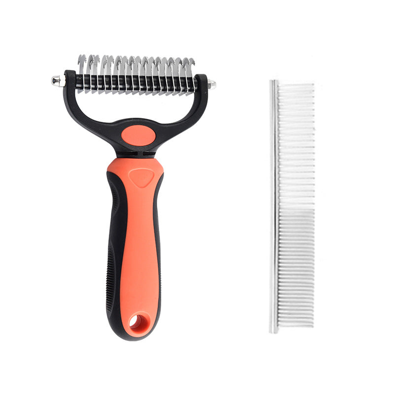 Pet dematting comb head close up showing the two blade spacings on either side