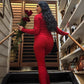 High waist ribbed knit pants shown on a model from the side