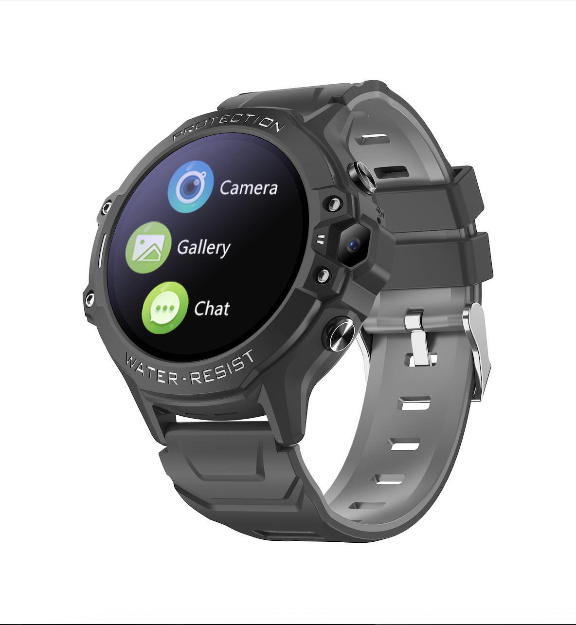 Black kids smart watch option photo with Camera, Gallery and Chat icons on the round touch display