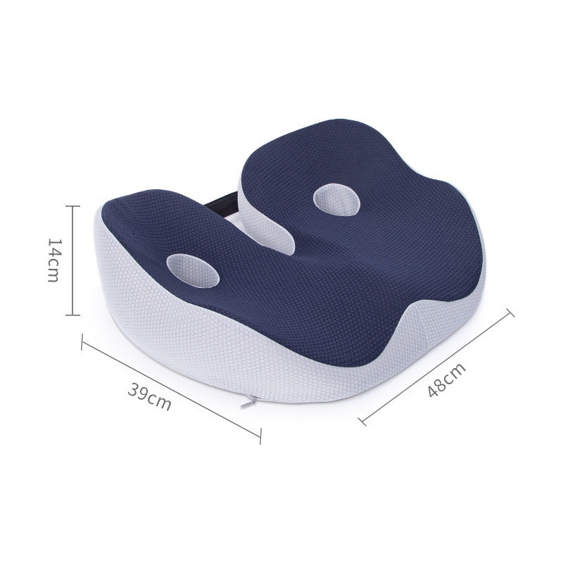 Navy blue seat cushion with dimension marks, 48 cm wide, 39 cm deep and 14 cm high