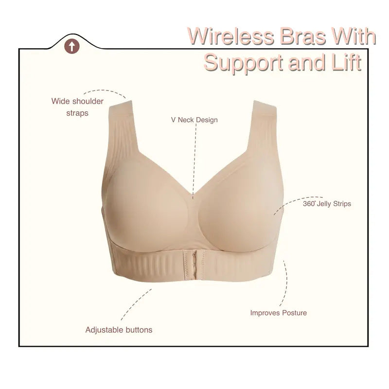 Black seamless support bra worn front on, showing the wide adjustable straps