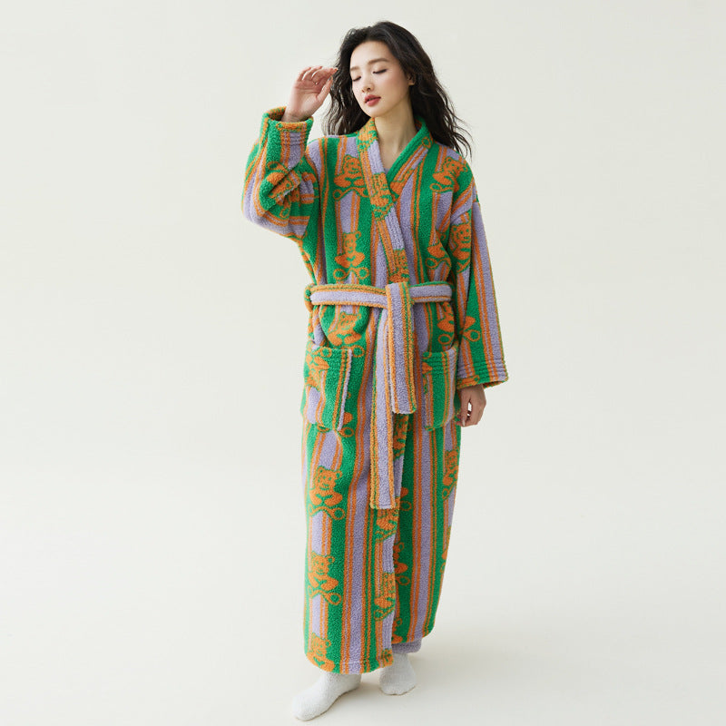 Cute Bear Print with Pants option, long striped fleece robe in green, lilac and orange tied with a belt