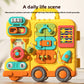 Yellow busy board bus with number reel, steering wheel, gears and animal flip window
