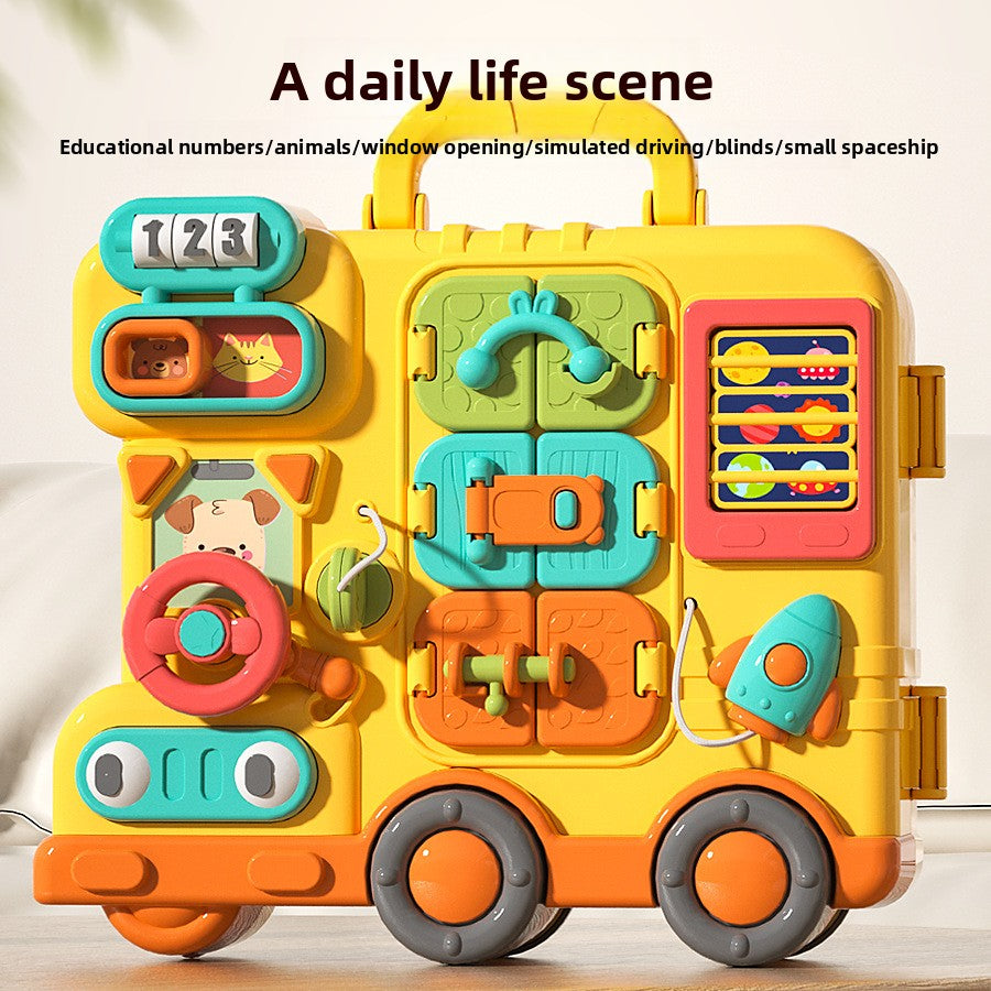 Yellow busy board bus with number reel, steering wheel, gears and animal flip window