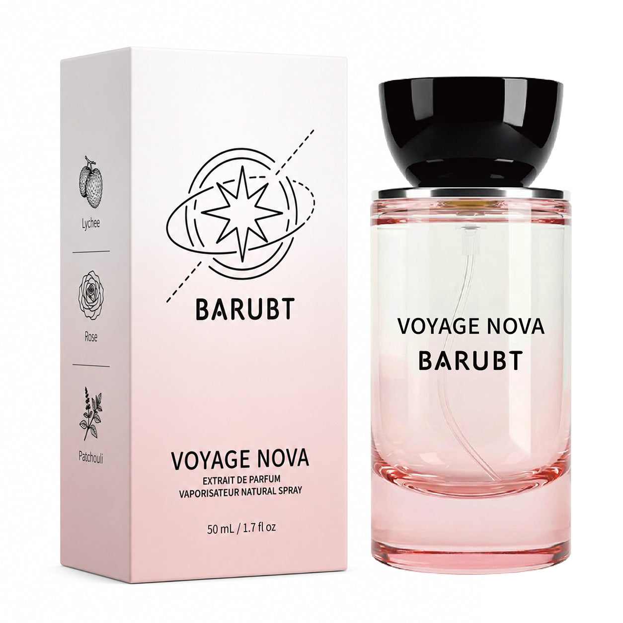 Pink glass Voyage Nova extrait de parfum bottle beside its carton showing lychee rose and patchouli
