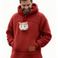 Red fleece pet pouch hoodie front view on a man with a cat in the pouch