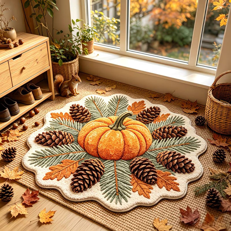 Scalloped edge plush floor mat with a 3D pumpkin and pinecone autumn harvest print