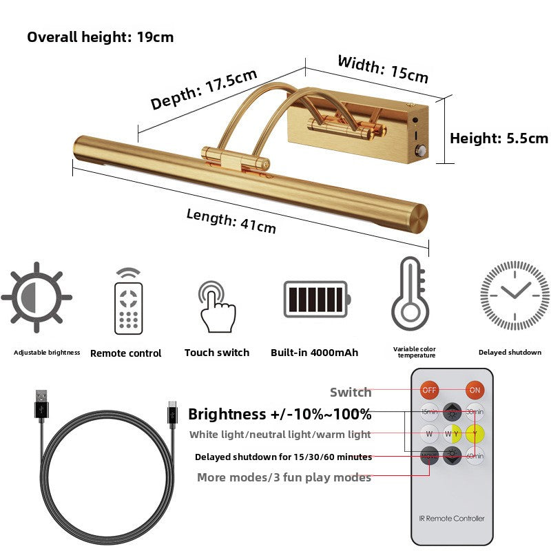 Rechargeable LED mirror light shown lit in a warm white tone