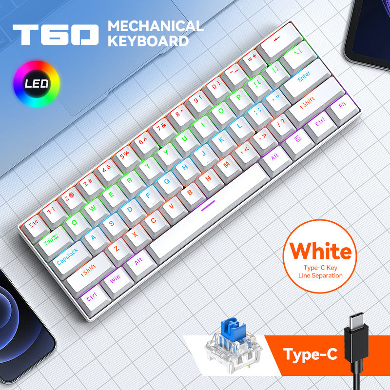 T60 white mechanical keyboard with RGB backlight, blue switch and Type-C cable on a desk