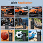 Grid showing the cordless air pump inflating car, motorbike and bicycle tires, balls and a float