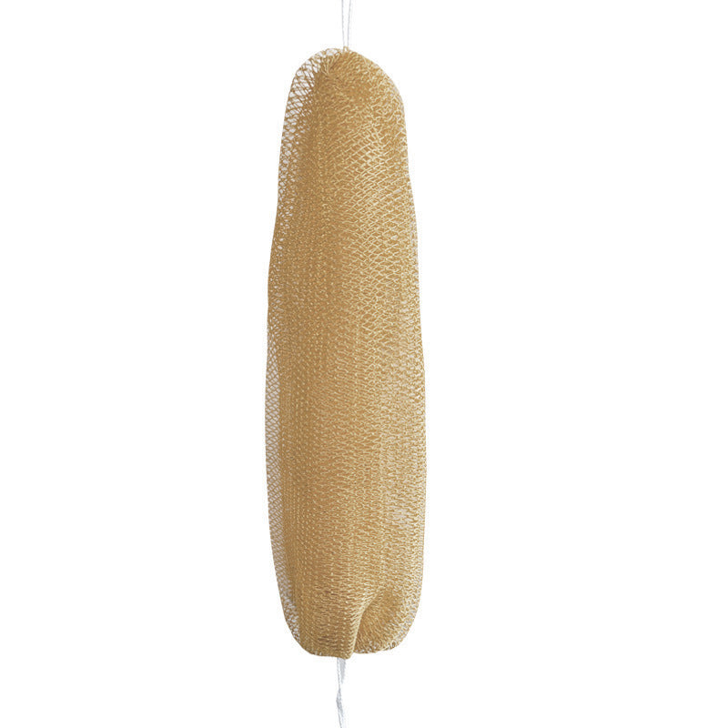 Exfoliating bath net stretched out to show its full length and handles