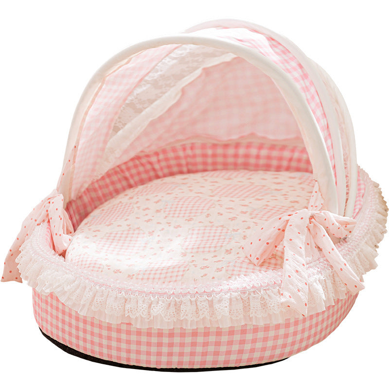 Pink washable pet bed with a removable cover shown from above