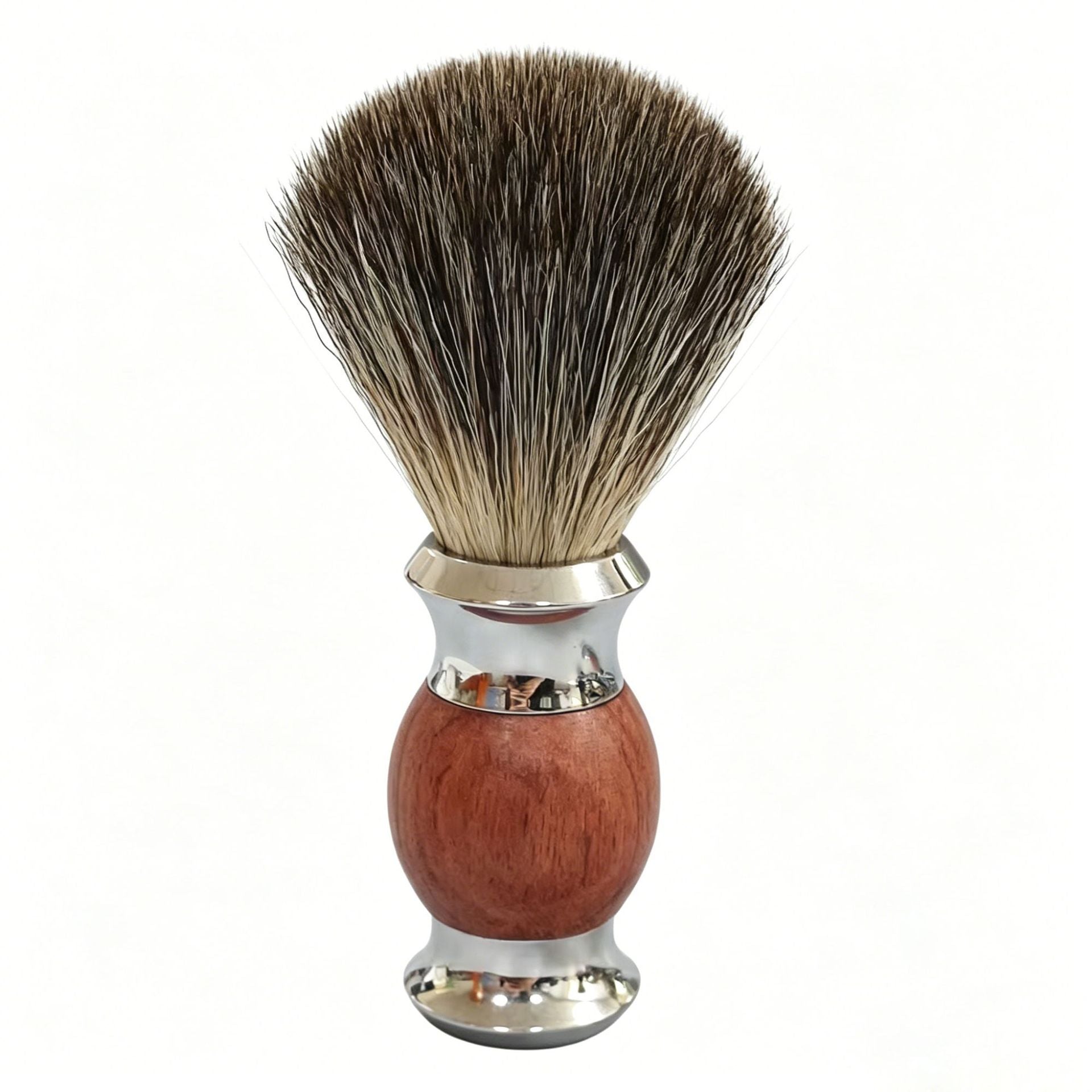 Chrome stand holding the rosewood cartridge razor and shave brush above a steel bowl