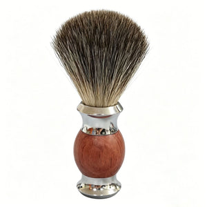 Chrome stand holding the rosewood cartridge razor and shave brush above a steel bowl