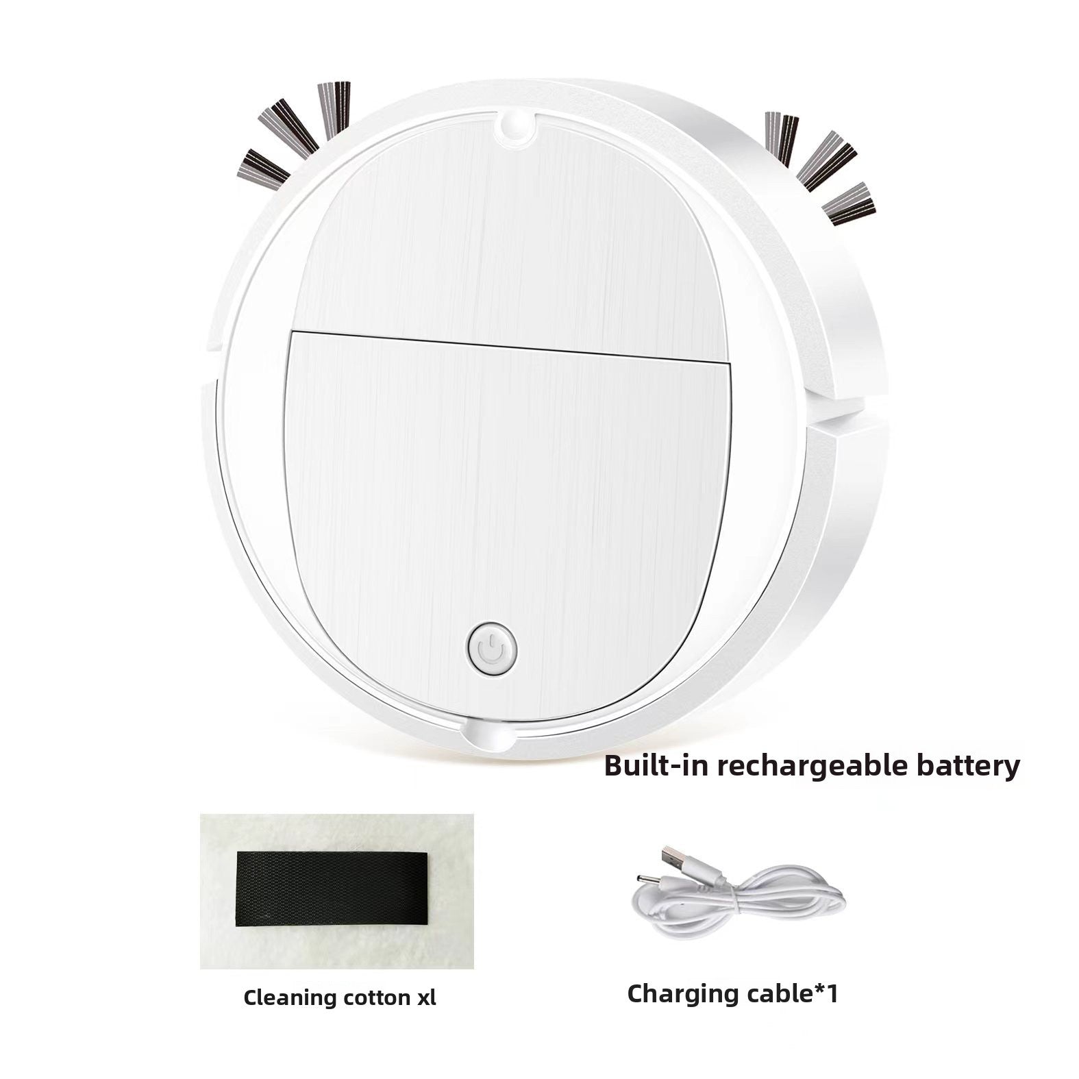White robotic sweeper top view shown with built in battery, a mop cotton pad and USB cable