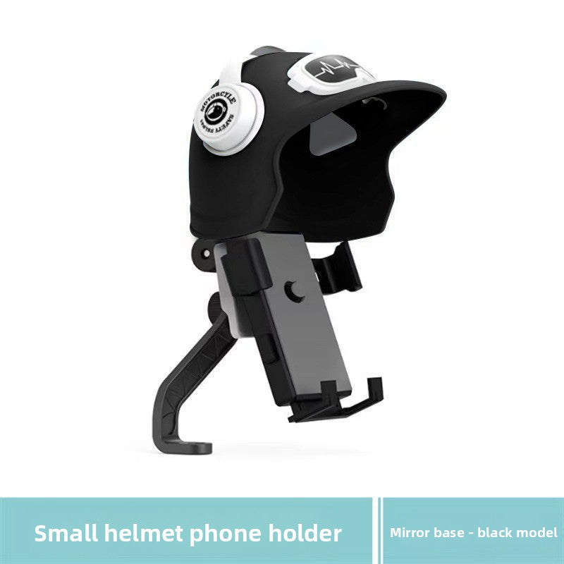Rearview mirror with helmet, black option: black small helmet visor over a black phone holder