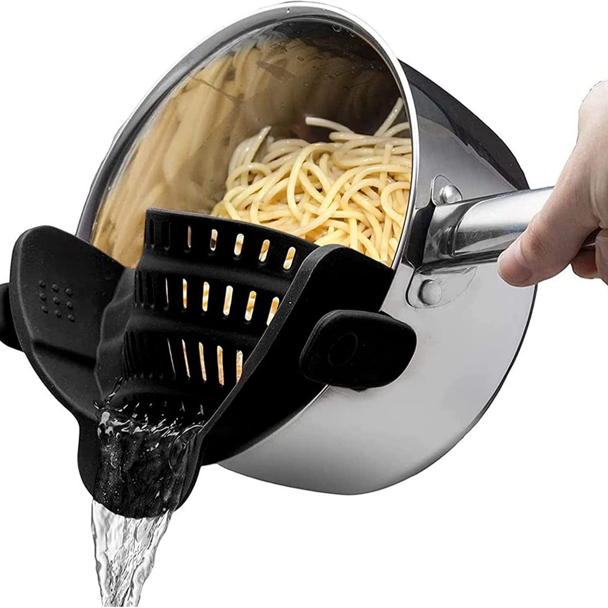 Black silicone clip-on pot strainer, variant photo, clipped to a pot held by hand with spaghetti inside