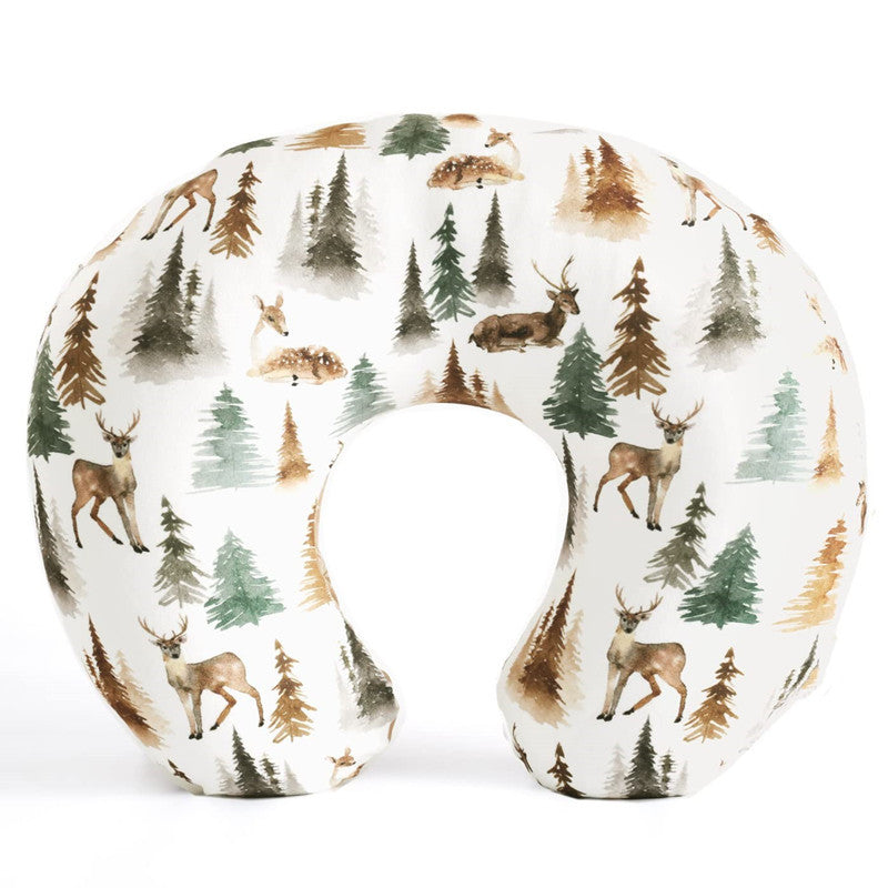 U-shaped pillowcase with brown deer and green pine trees on white, option Trees and Deer Pillowcase