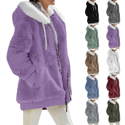 Women's loose plush hooded zip jacket with a contrast lined drawstring hood and two zip pockets