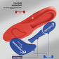 Exploded view of a sports insole showing the cushioned sole, a blue TPU support and a blue rear shock absorber