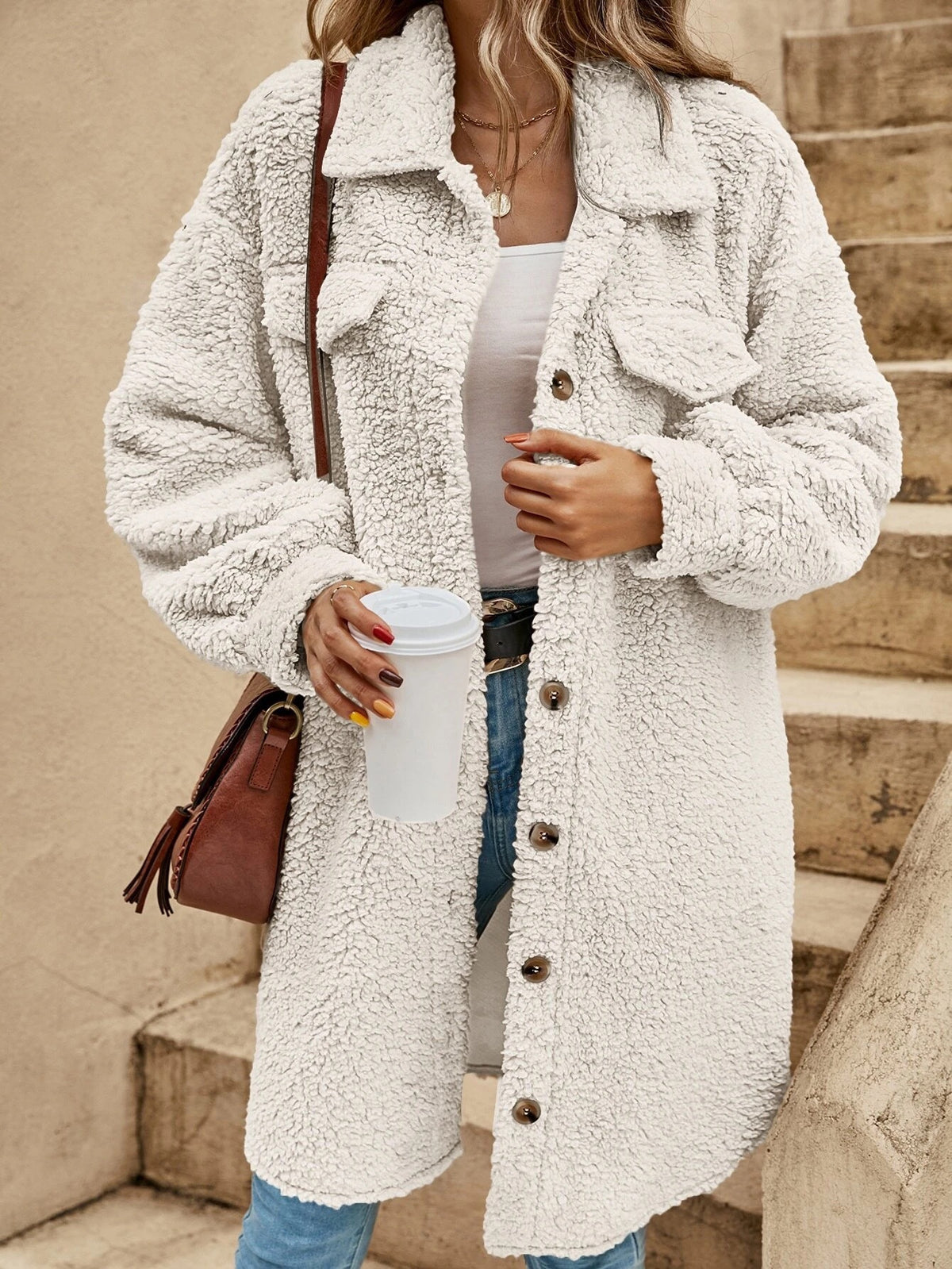 Womens plush fleece button front long coat in khaki, buttoned front view