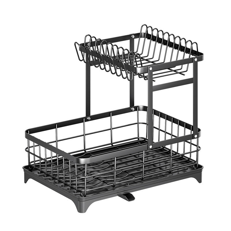 Black double layer carbon steel dish rack with drainage tray shown on a white background