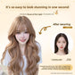 Before and after comparison showing the champagne gold wavy wig with bangs worn over darker hair