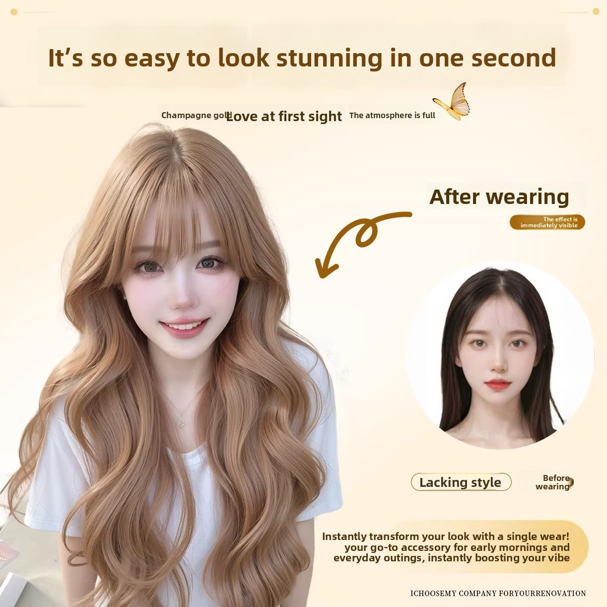 Before and after comparison showing the champagne gold wavy wig with bangs worn over darker hair