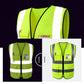 Fluorescent yellow reflective work vest lit at night and shown in daylight with gray reflective strips