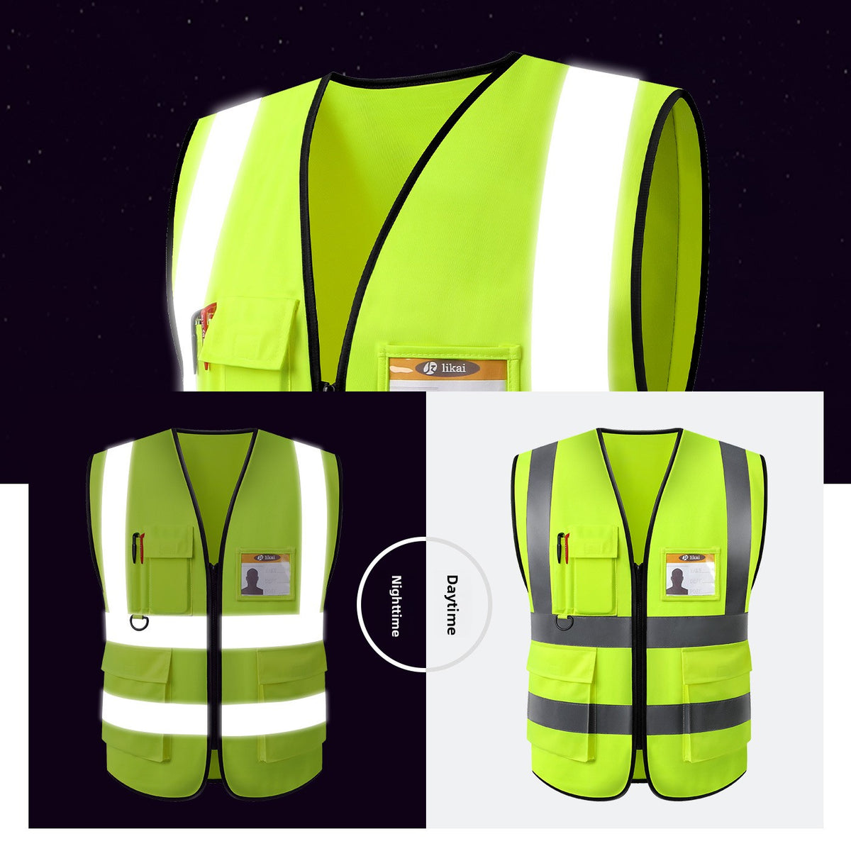 Fluorescent yellow reflective work vest lit at night and shown in daylight with gray reflective strips