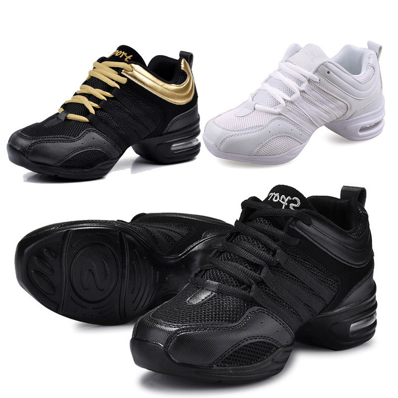 Black gold and white mesh dance sneakers with heel air cushions, plus a black sole view