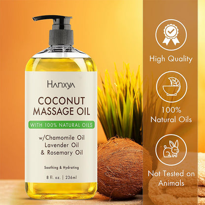 Hanxya Coconut Massage Oil 236 ml pump bottle beside a coconut with three label icons on an orange background