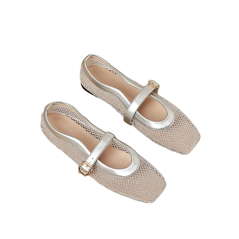 Black breathable mesh ballet flat sandals with low heel