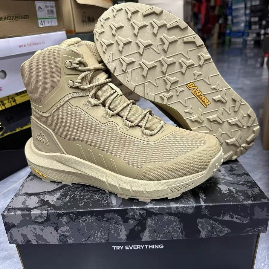 Men's mesh hiking boots with a lace-up front and mid-top ankle cuff