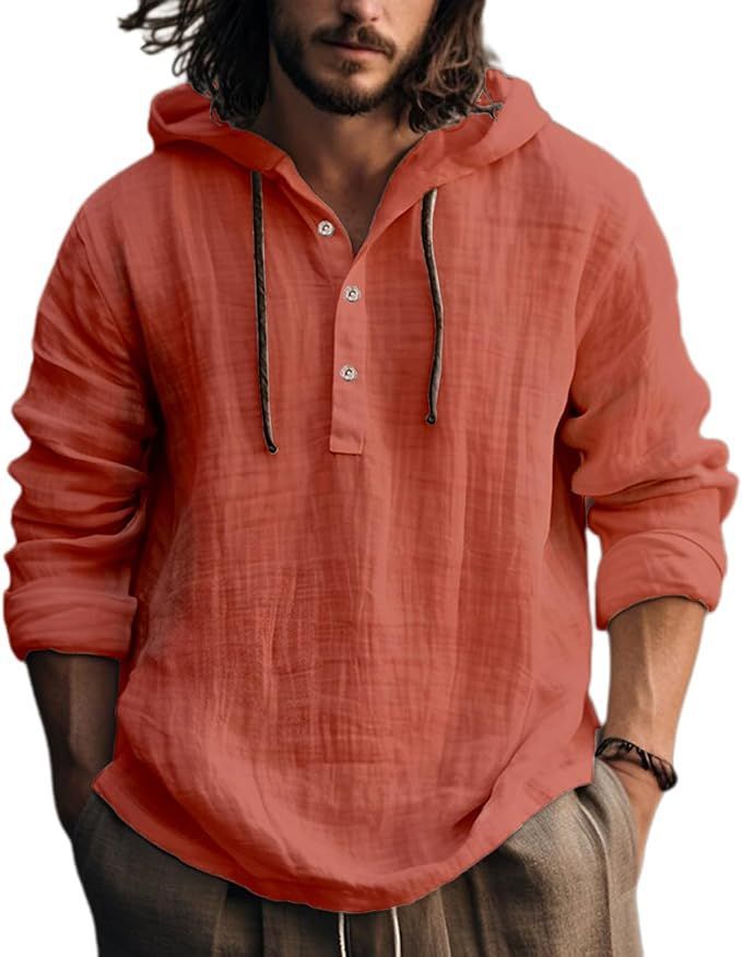 Hooded henley shirt, solid coral red shirt, size 4XL