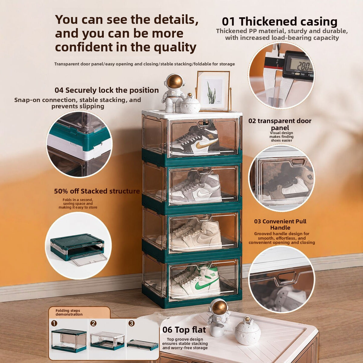 Clear stackable foldable shoe storage box for a bedroom or entrance