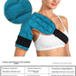 Teal quilted shoulder wrap with orange trim and a black elastic strap on a woman, plus the shoulder specifications