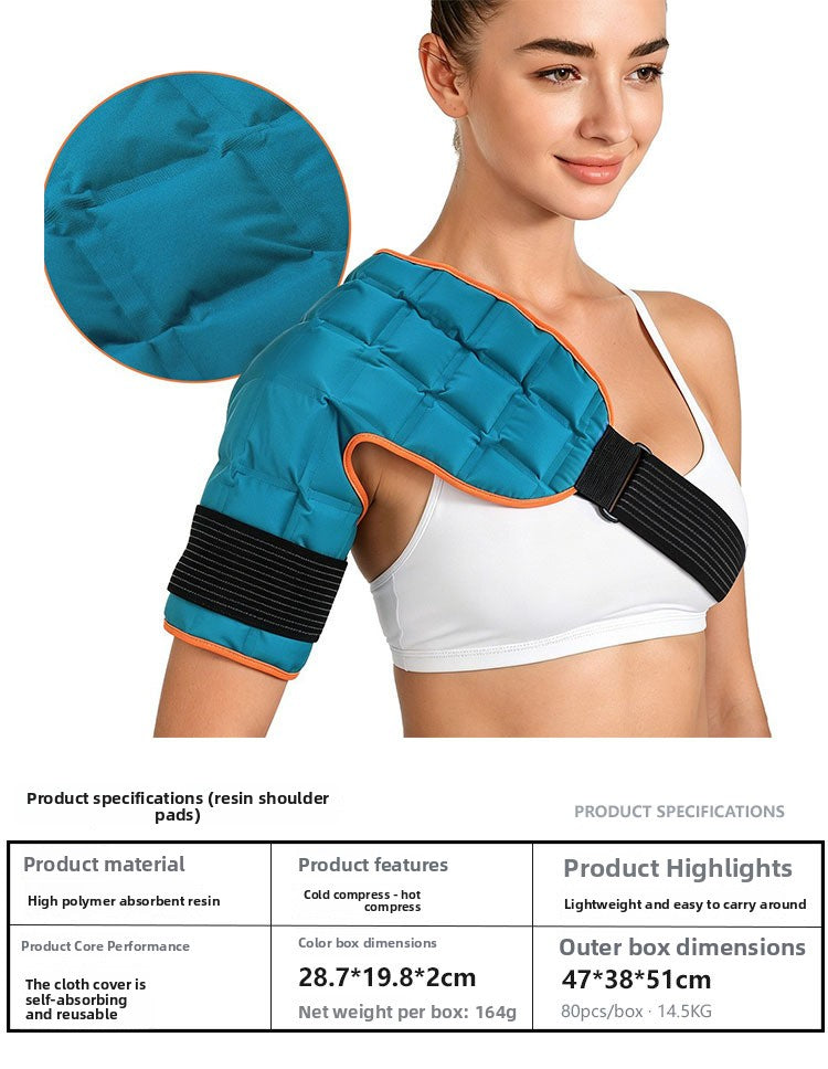 Teal quilted shoulder wrap with orange trim and a black elastic strap on a woman, plus the shoulder specifications