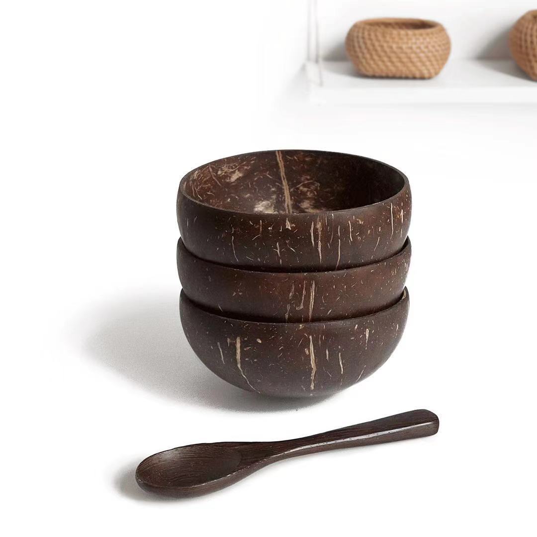 Coconut Shell Bowl with Wood Utensils | macro material texture detail