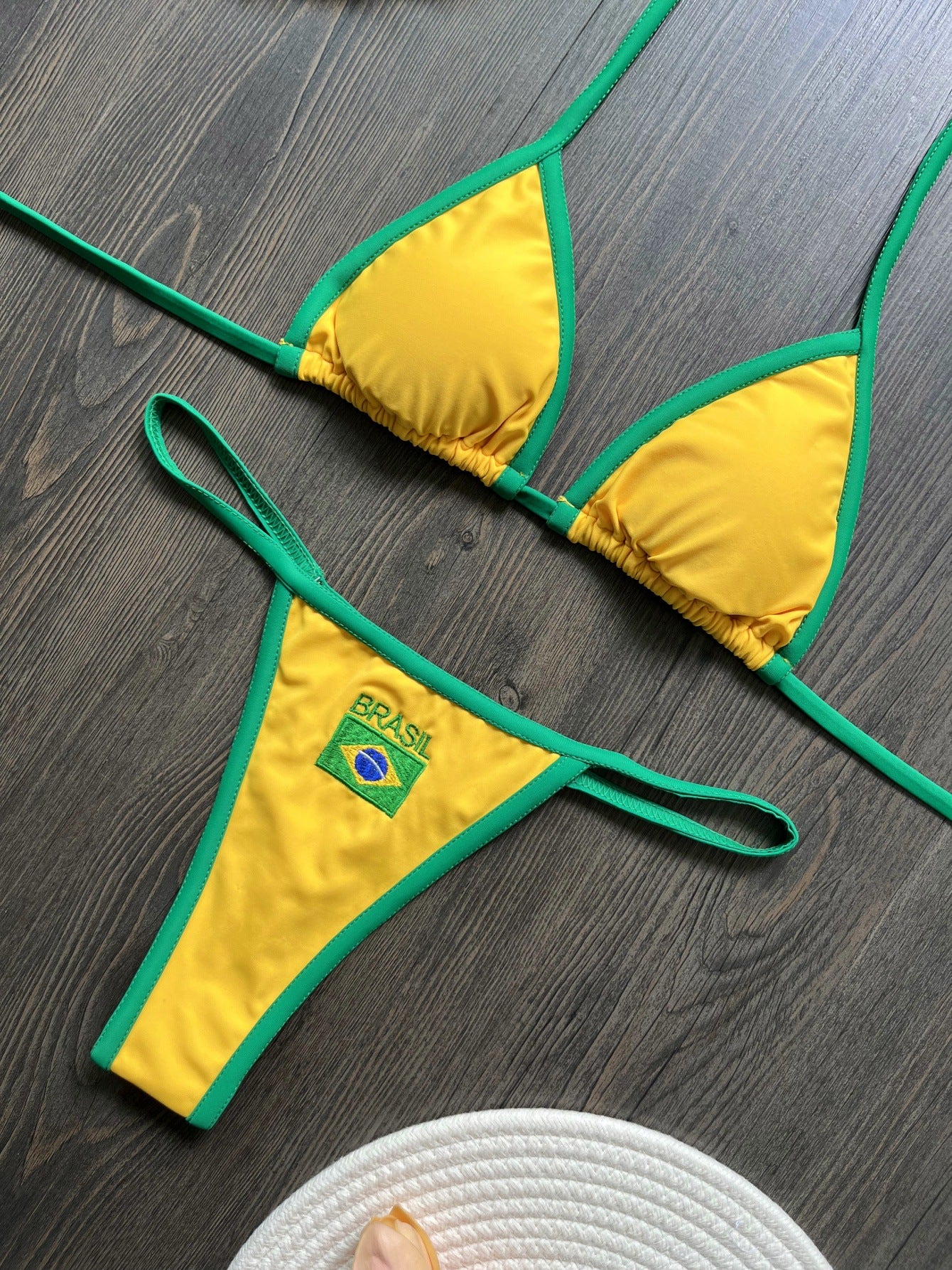 Green Brasil bikini set with yellow binding and embroidered flag patch