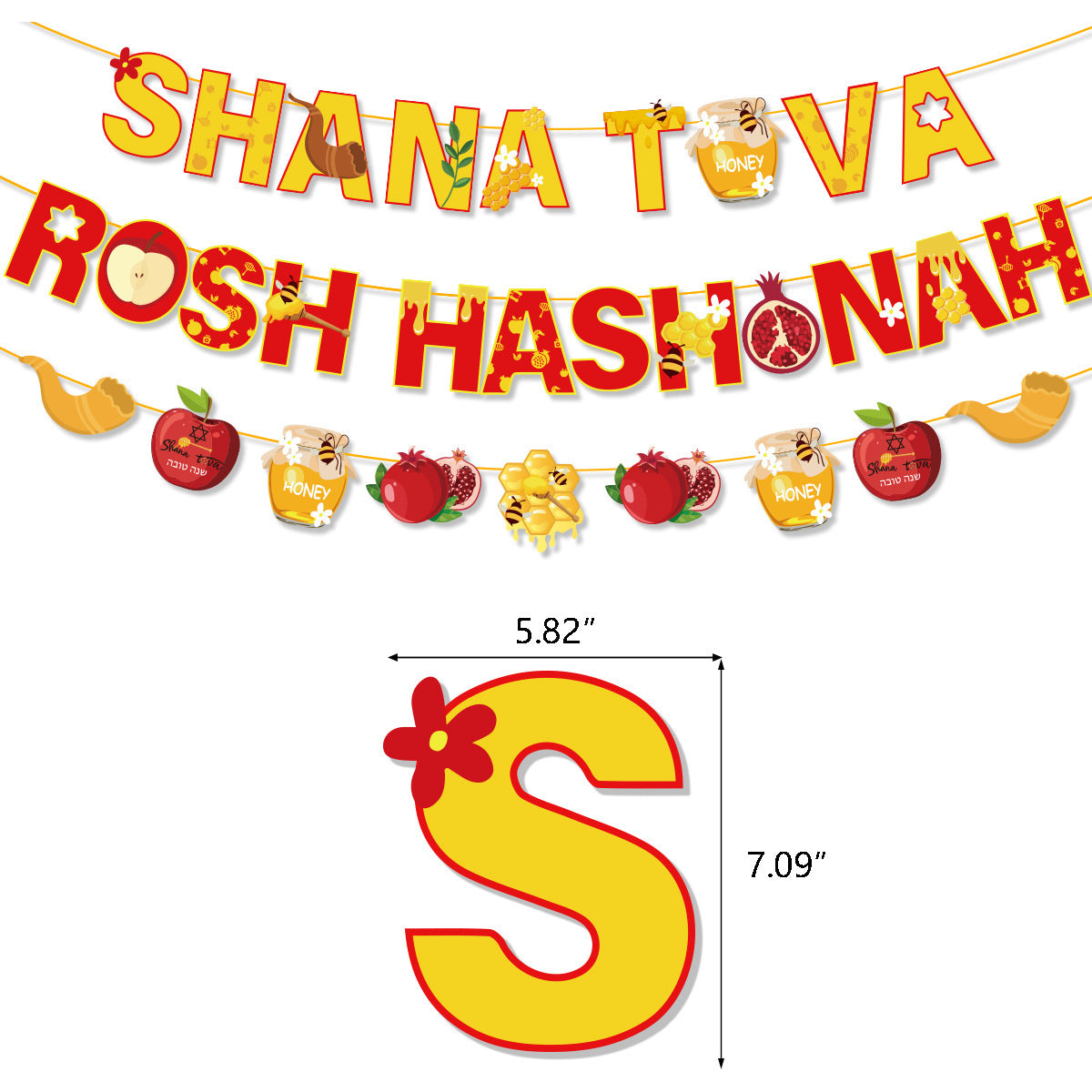 Rosh Hashanah decoration set laid out with banners, balloons, and ribbon