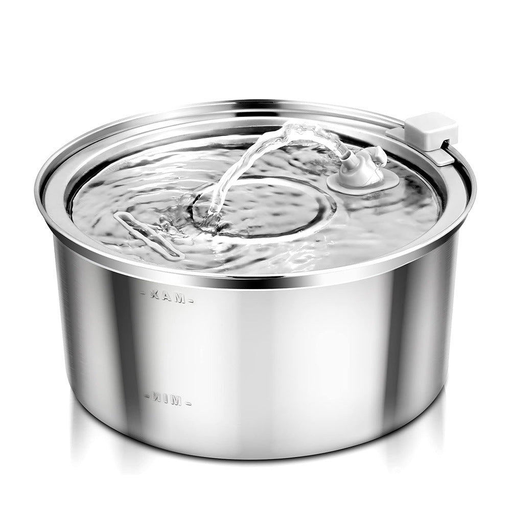 Polished steel pet water fountain, arched spout and quiet pump for cats and dogs