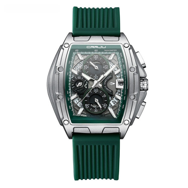 Men's quartz watch shown with its packaging and contents