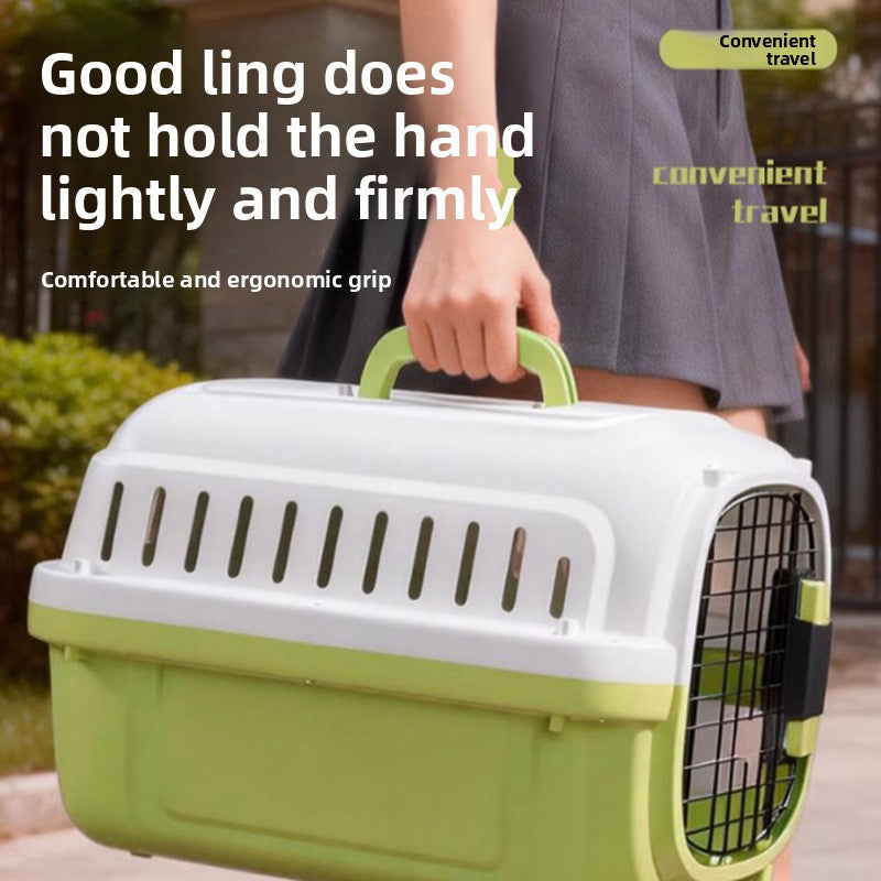 Pet travel crate shown from the front with the wire grille door and top carry handle