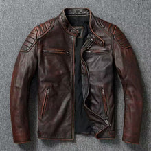 Mens Vintage Vegan Leather Moto Jacket with Stand Collar or Notch Lapel