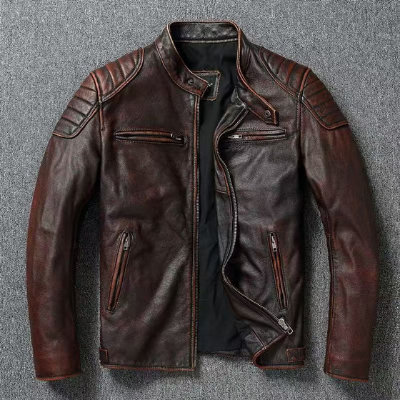 Mens Vintage Vegan Leather Moto Jacket with Stand Collar or Notch Lapel
