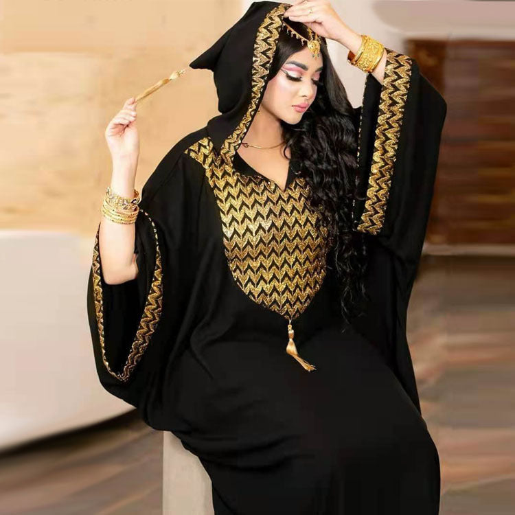 Chiffon kaftan maxi dress with gold sequin chevron yoke, batwing sleeves and beaded tassel